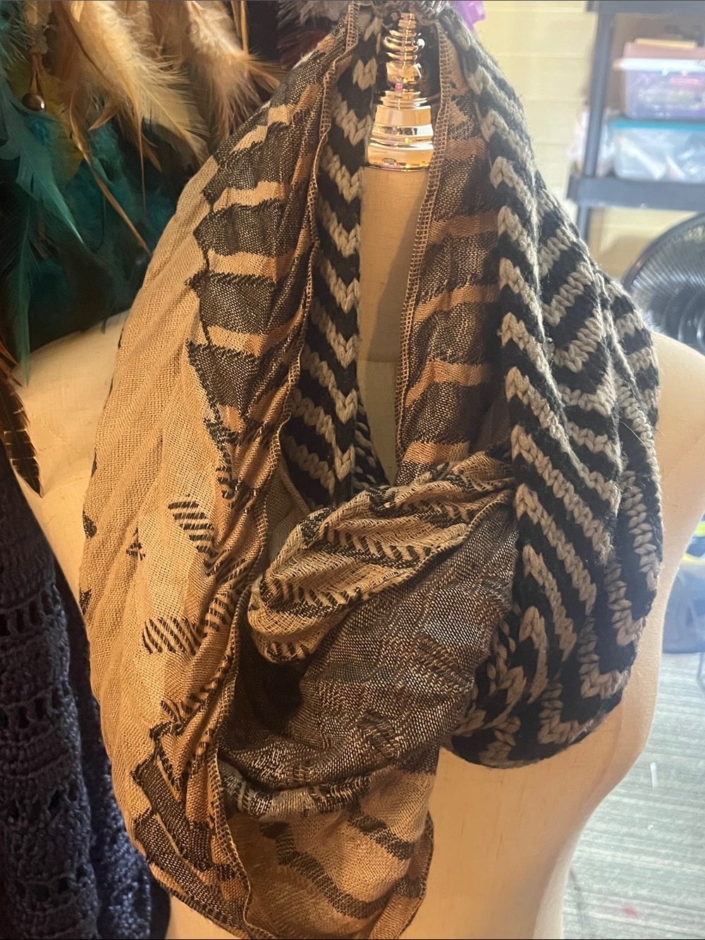 Neutral Black and Tan Patterned Infinity Scarf -S196